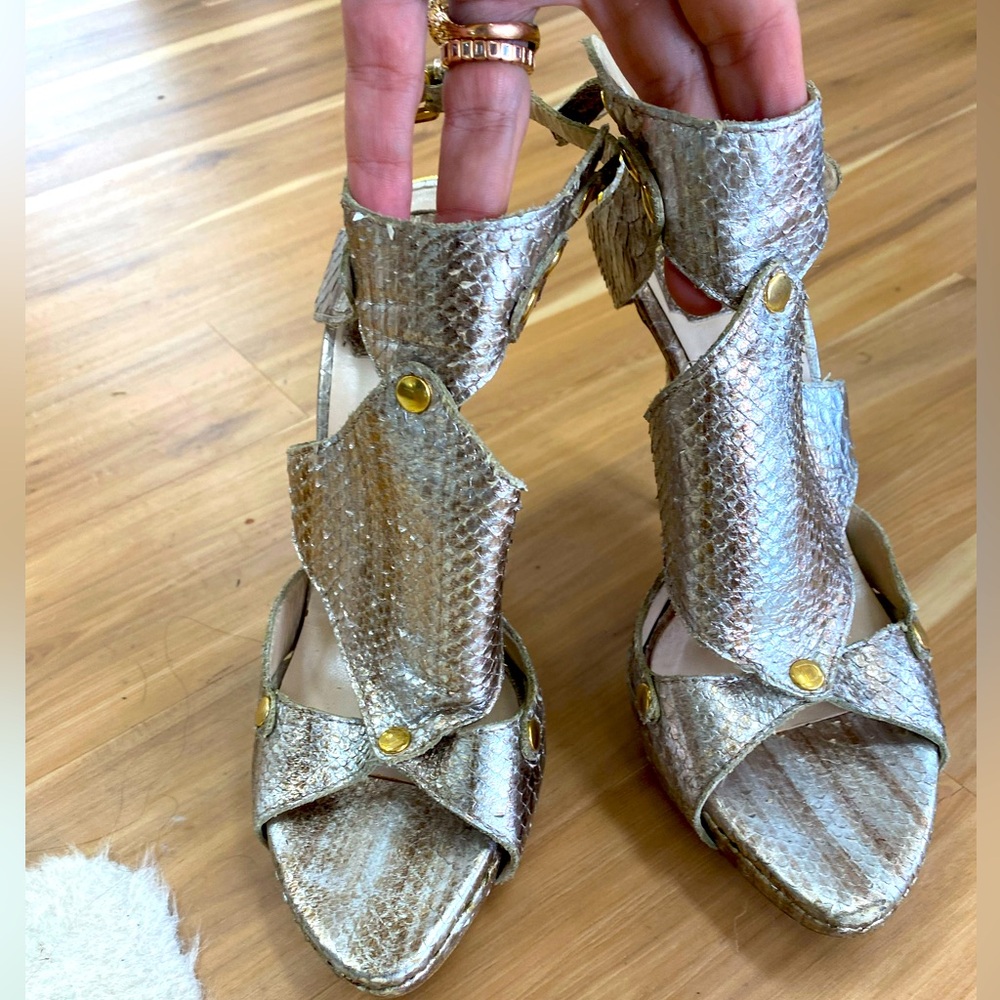 Christian Dior, iconic metallic gold, snakeskin, gladiator heels, 39 1/2